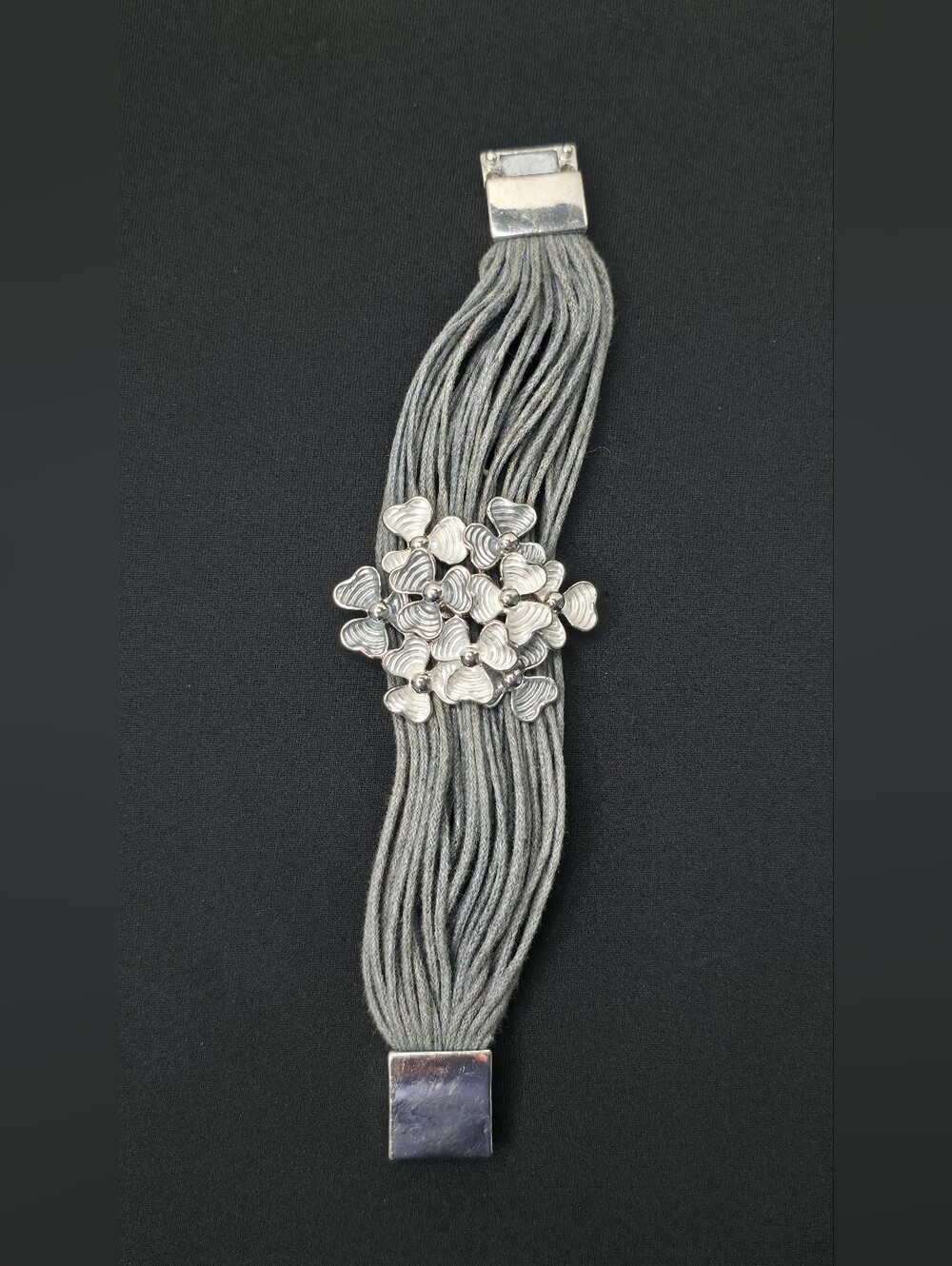 Artisan Silver Hydrangea Floral Multi Strand Magnet Cuff Bracelet 7"